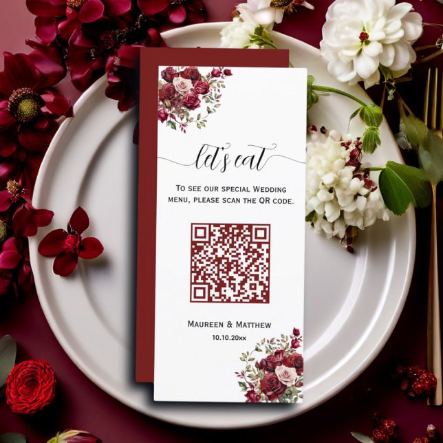 Burgund Floral Modernes QR Code 4x9'' Hochzeitsmen Menükarte (Von Creator hochgeladen)
