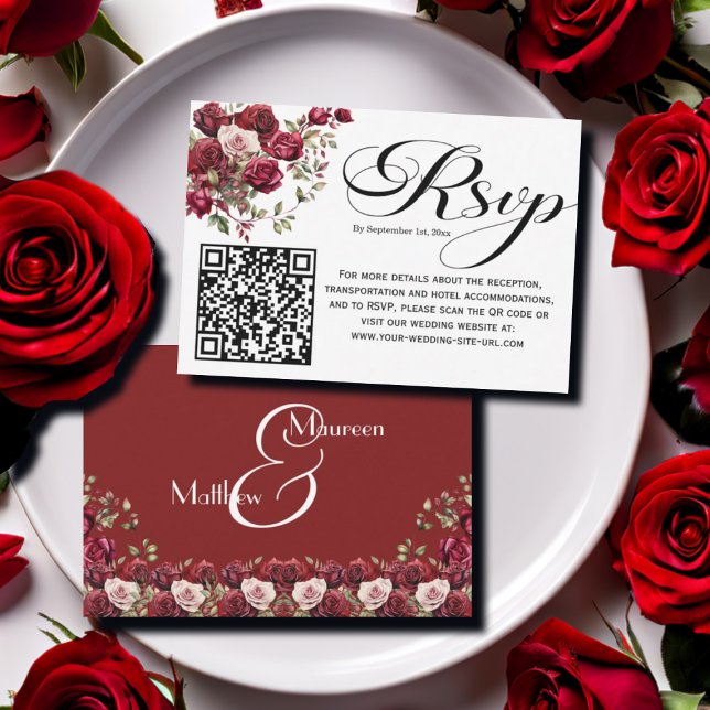 Burgund Floral Modernes Script QR Code RSVP Karte (Von Creator hochgeladen)