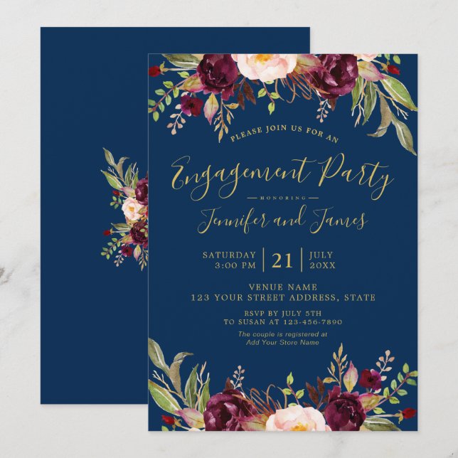 Burgund Floral Navy Blauer Rustikaler Engagement P Einladung (Vorne/Hinten)