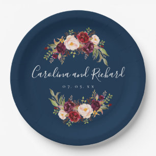 Burgund floral Navy Blue Rustic Engagement Party Pappteller