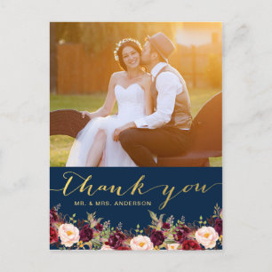 Burgund Floral Navy Gold Foto Hochzeit Vielen Dank Postkarte