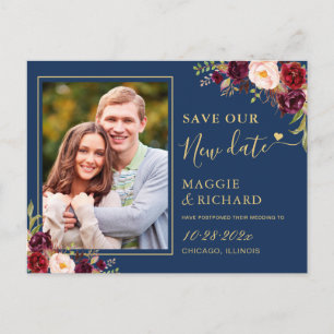 Burgund-Floral Navyblau Gold Neues Datum speichern Postkarte