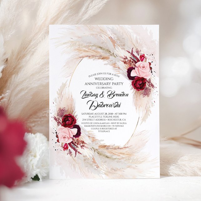 Burgund Floral Pampas Grass Hochzeit Jahrestag Einladung (Wedding Anniversary Invitation)
