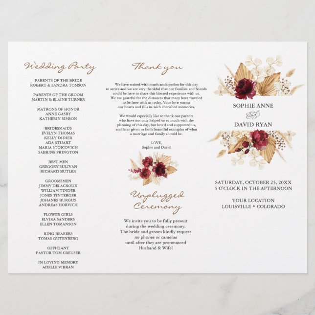 Burgund Floral Pampas Grass Wedding Programm Flyer (Vorne)