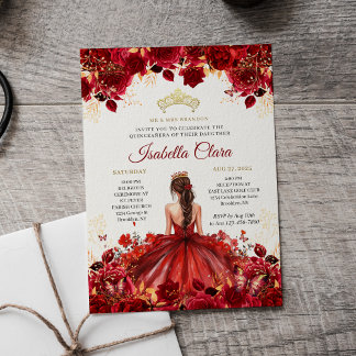 Burgund Floral Prinzessin Gold Quinceanera Einladung