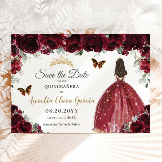 Burgund Floral Prinzessin Gold Quinceañera Sweet 1 Save The Date (Von Creator hochgeladen)