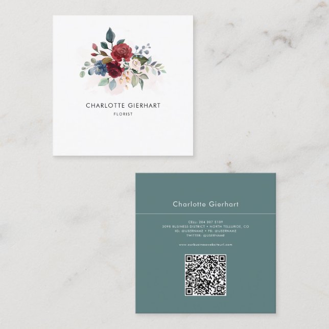 Burgund Floral QR Code Grüne Florist Quadratische Visitenkarte (Vorne/Hinten)