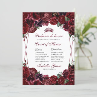 Burgund Floral Quinceanera Gerichtshof für Ehre Einladung