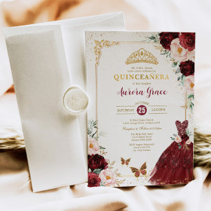 Burgund Floral Quinceañera Prinzessin Mis Quince  Einladung