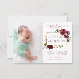 Burgund Floral Rose Gold Foto Geburtserklärung Ankündigung