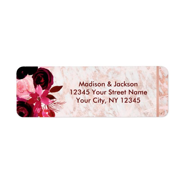 Burgund Floral & Rose Gold Wedding Rücksendeadress (Vorne)