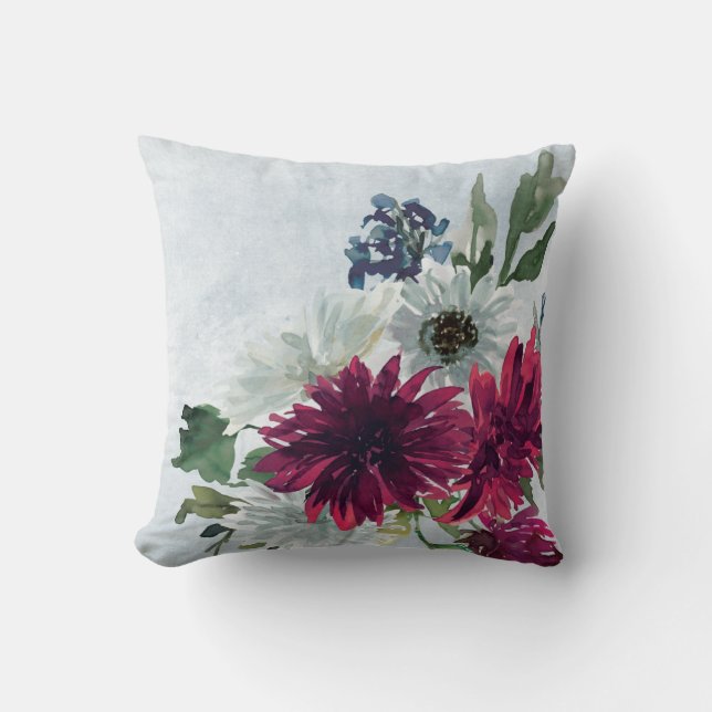 Burgund Floral Splash in Grau Kissen (Vorderseite)