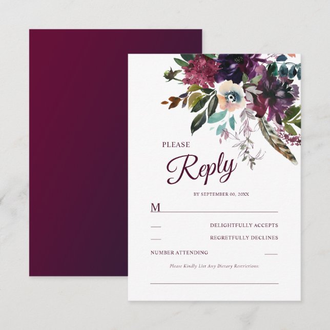Burgund Floral Splendor Wasserfarbe RSVP Karte (Vorne/Hinten)