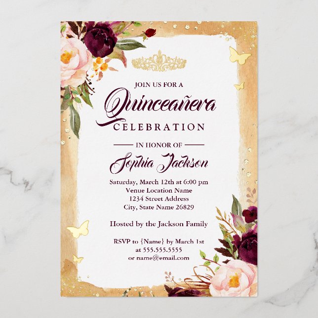 Burgund Floral Tiara Gold Quinceanera 15. Folieneinladung (Vorderseite)