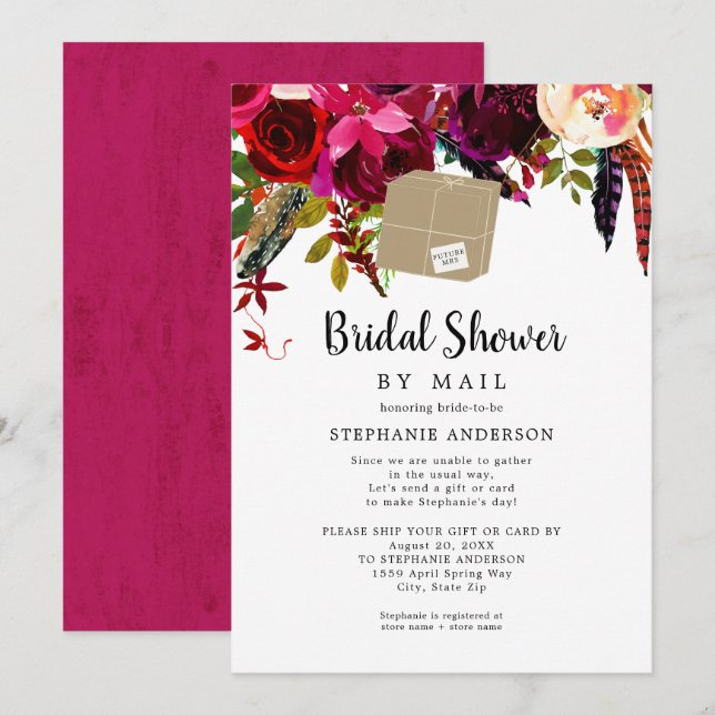 Burgund Floral Versandbox Brautparty per Post Einladung (Vorne/Hinten)