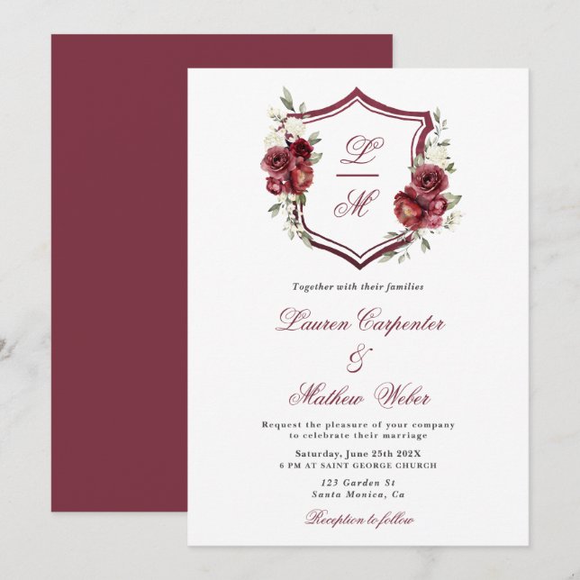 Burgund Floral Wappen Hochzeit Einladung (Vorne/Hinten)