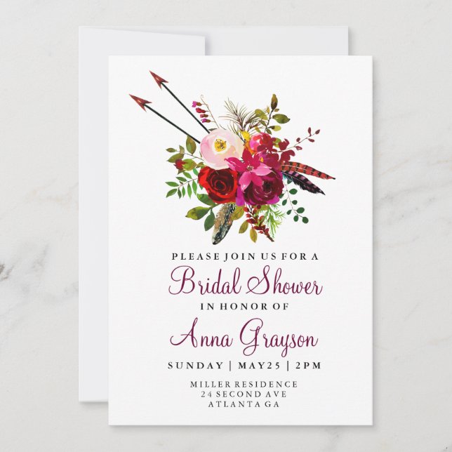 Burgund Floral Wasserfarbe Bridaldusche Einladung (Vorderseite)