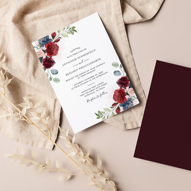 Burgund Floral Wasserfarbe Elegante Hochzeit Einladung (Von Creator hochgeladen)