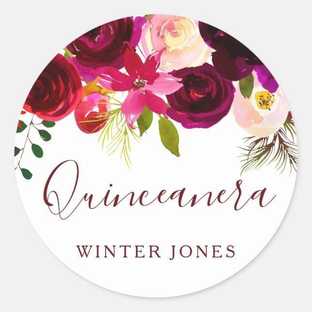Burgund Floral Wasserfarbe Quinceanera Gastgeschen Runder Aufkleber (Vorderseite)