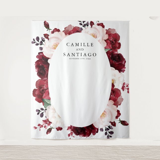 Burgund Floral Wedding Foto Hintergrund Wandteppich (Vorderseite)
