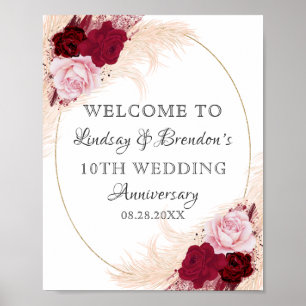 Burgund Floral Wedding Jubiläum Pampas Willkommen Poster