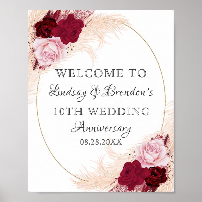 Burgund Floral Wedding Jubiläum Pampas Willkommen Poster (Vorne)