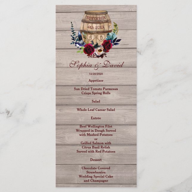 Burgund Floral Wine Barrel Hochzeit im Herbst Menu Menükarte (Vorderseite)