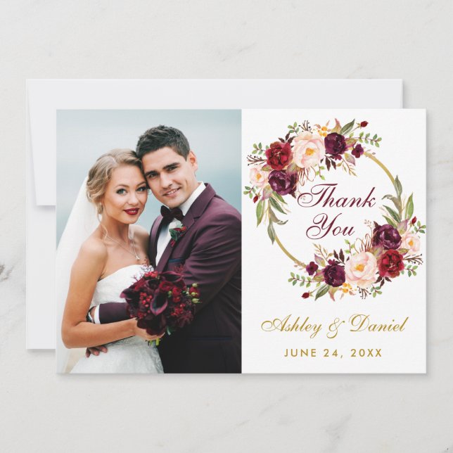Burgund Floral Wreath Gold Wedding Foto Danke (Vorderseite)