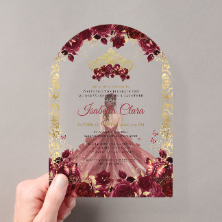 Burgund Florale Goldene Bogen Prinzessin Quinceane Acryleinladungen