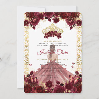 Burgund Florale Goldene Bogen Prinzessin Quinceane Einladung
