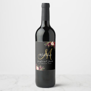 Burgund Florale Rose Schwarzes Gold Monogramm Hoch Weinetikett
