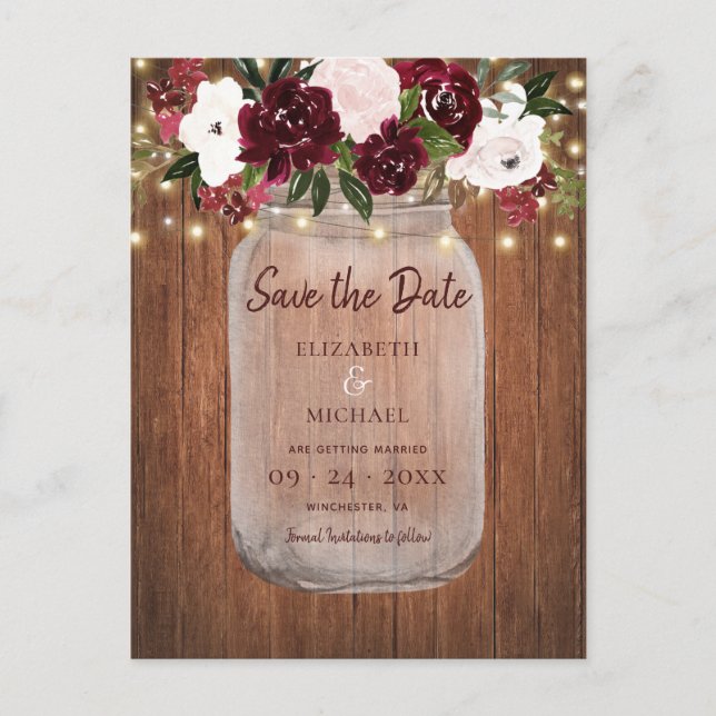 Burgund florale Rustikale HolzWedding retten das D Ankündigungspostkarte (Vorderseite)