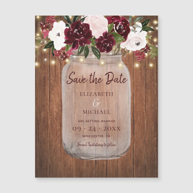 Burgund florale Rustikale HolzWedding retten das D Magneteinladung (Vorderseite)