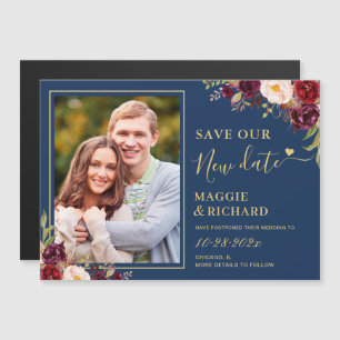 Burgund florales Navy Gold Rettete das neue Date M Magnetkarte