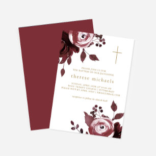 Burgund Florales Taufkreuz Einladung