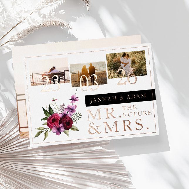 Burgund Florals Foto Hochzeit Mr. und Mrs. Rose Folieneinladung (Von Creator hochgeladen)