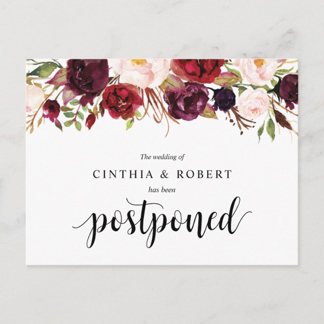 Burgund Florals Hochzeitsfeier verschoben Postkarte (Vorderseite)