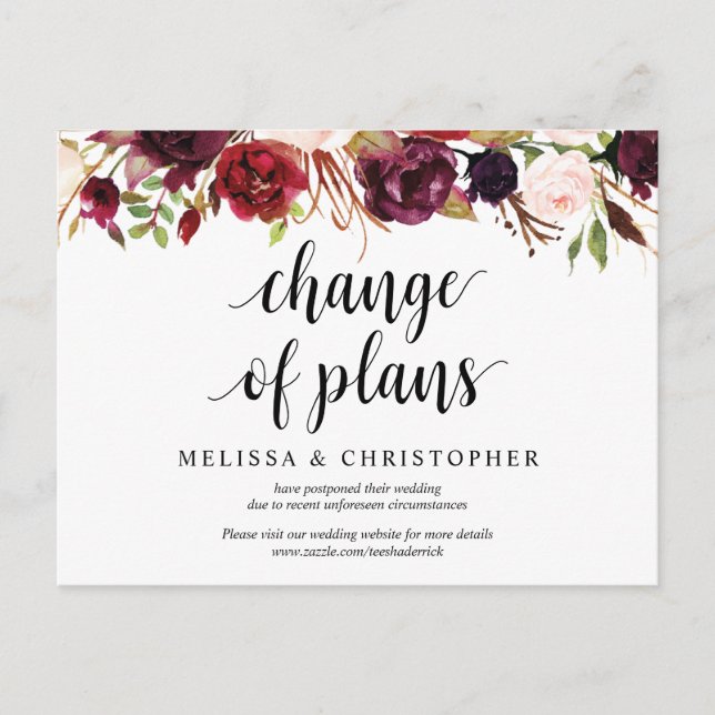 Burgund Florals, Hochzeitstag neuer Plan aufgescho Postkarte (Vorderseite)