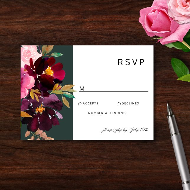 Burgund Forest Green Blush Floral Wasserfarbe RSVP Karte (Von Creator hochgeladen)