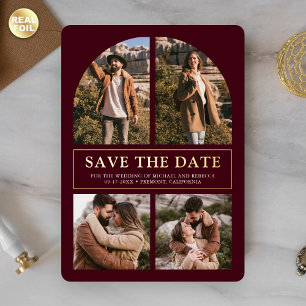 Burgund Foto-Collage Hochzeit Save-the-Date Gold Folieneinladung