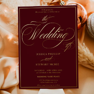 Burgund Foto-Drehbuch Grenzhochzeit Gold Folieneinladung