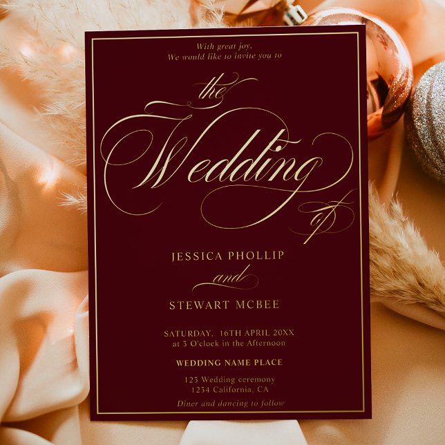 Burgund Foto-Drehbuch Grenzhochzeit Gold Folieneinladung (Burgundy photo script border wedding gold foil invitation)
