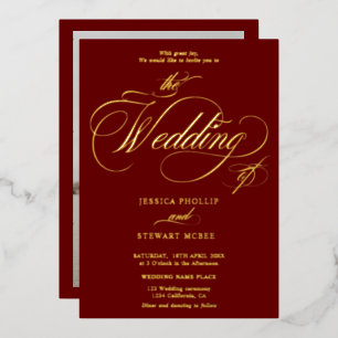 Burgund Foto Kalligrafie Hochzeitgold Folieneinladung
