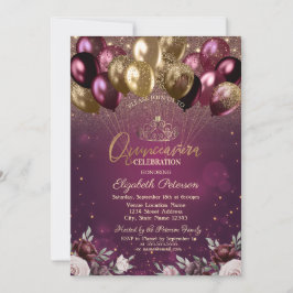 Burgund Glitzer Balloons Blume Quinceañera Einladung