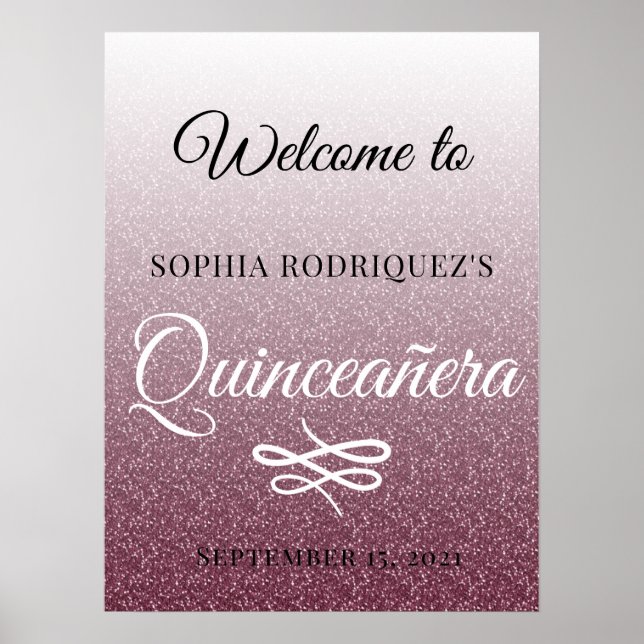 Burgund Glitzer Quinceañera 15. Geburtstag Willkom Poster (Vorne)
