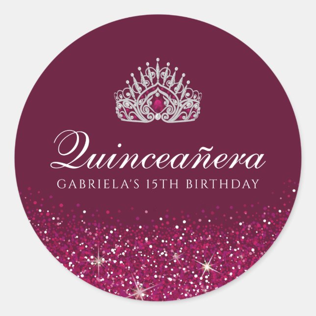 Burgund Glitzer Quinceanera Runder Aufkleber (Vorderseite)