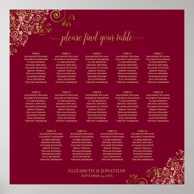 Burgund & Gold 14 Tabelle Hochzeitstabelle Poster (Vorne)