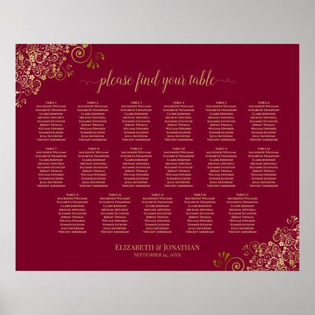 Burgund & Gold 17 Tabelle Hochzeitsdiagramm Poster (Vorne)