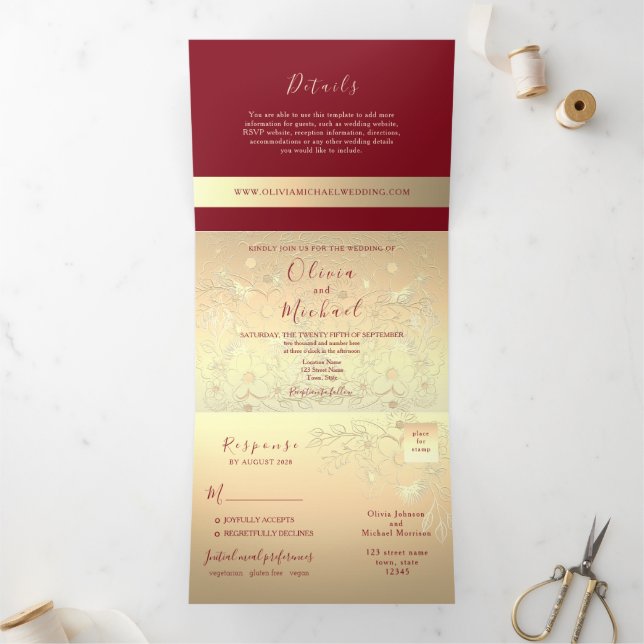 Burgund Gold 3-in-1 Einladung zur Hochzeit (Innenseite)