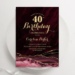 Burgund Gold Agate 40. Geburtstag Einladung<br><div class="desc">Burgund und Gold feiern 40. Geburtstag Party Einladung. Elegantes modernes Design mit Marsala-Wein,  dunkelroten Aquarellfarben marmorgeode Hintergrund,  Imitate Glitzer Gold und Typografie Drehbuch Schriftart. Die trendige Einladungskarte eignet sich perfekt für eine stilvolle Damenfeier. Gedruckte Zazzle Einladungen oder Sofortdownload digitalen druckbaren Vorlage.</div>